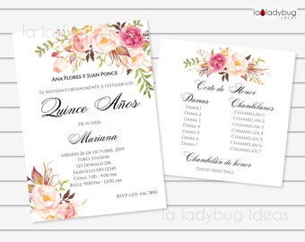 Floral Quinceanera Invitation with Court of Honor Card (Digital)