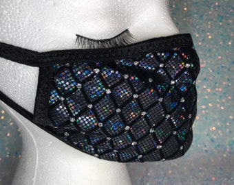 Holographic Black Lattice Face Mask | WASHABLE, REUSABLE face mask facemask adult fashion mask nail tech RD7