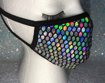 Holographic Honeycomb Face Mask |WASHABLE REUSABLE holographic cute shiny sparkle fashion mask facemask adult women RD46