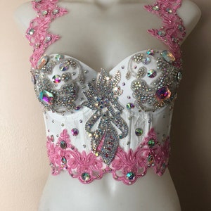 CUSTOM SIZE - White & Pink longline bra | corset rave crystal bra dance outfit Halloween fairy cosplay burlesque festival adult costume