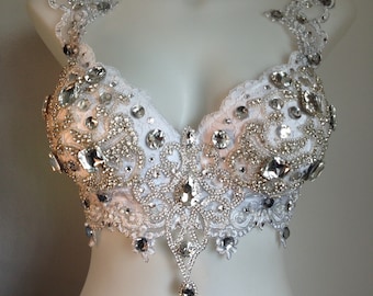 CUSTOM SIZE White Sparkle Doll Angel all white bra top burlesque cosplay samba carnival rave festival bride wedding bridal bachelorette