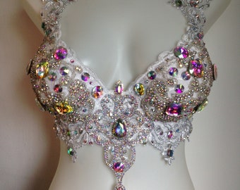 CUSTOM SIZE White Sparkle Doll Angel all white bra top burlesque cosplay samba carnival rave festival bride wedding bridal bachelorette