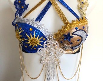 CUSTOM SIZE Sun and Moon made to Order EDC Rave Bra Rave Outfit Above and Beyond Music Festival Gold Blue Cosplay Adult Women s Costume Etsy