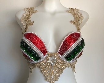 CUSTOM SIZE- Crystal bra Green, Red, White adult womens costume cowgirl Halloween Mexico outfit ranchera cosplay burlesque festival rave bra