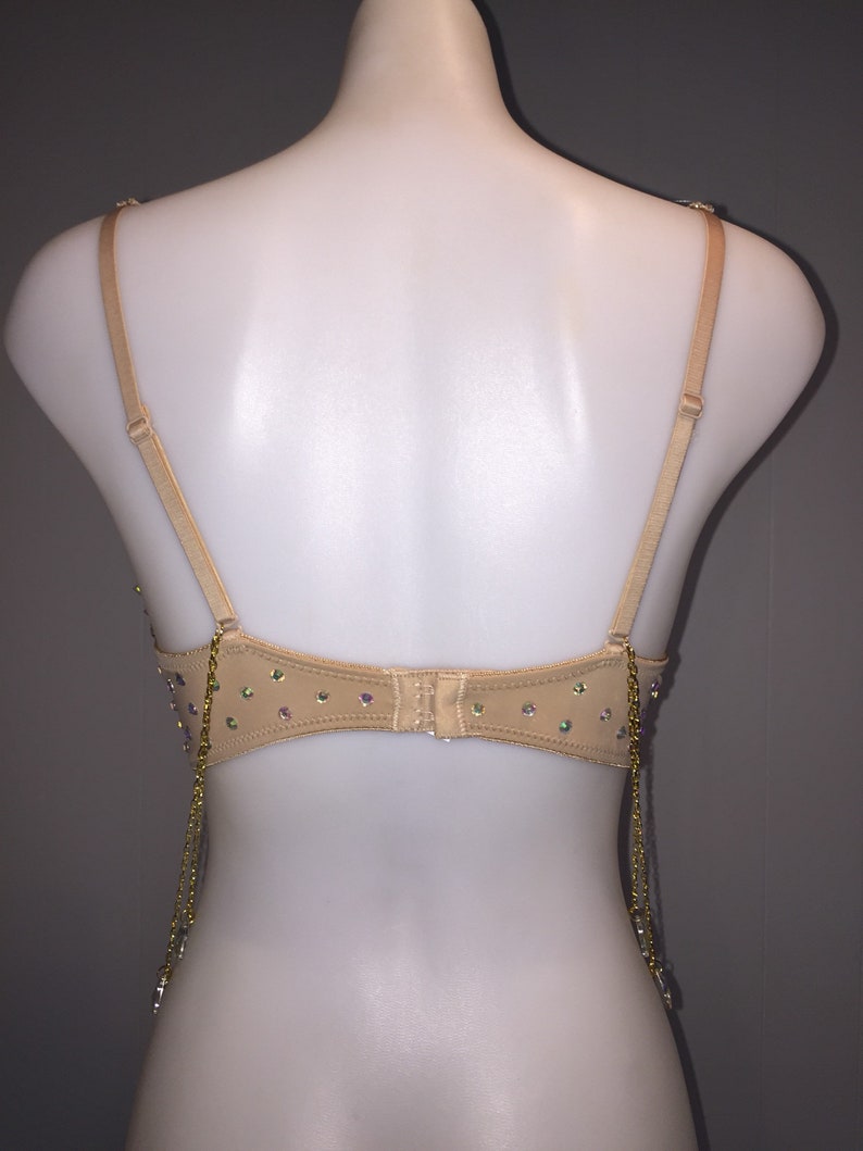 May include: A nude-colored bra with adjustable straps and a back closure. The bra is decorated with iridescent rhinestones and has gold chains hanging from the bottom.