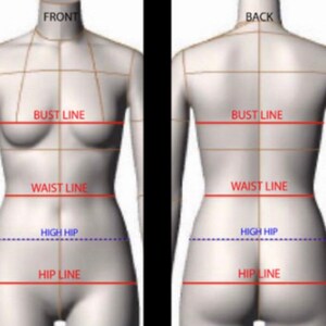 May include: A mannequin with front and back views, labeled with measurement lines. The front view shows "FRONT" at the top, with "BUST LINE," "WAIST LINE," "HIGH HIP," and "HIP LINE" marked. The back view is labeled "BACK" with similar measurement lines.