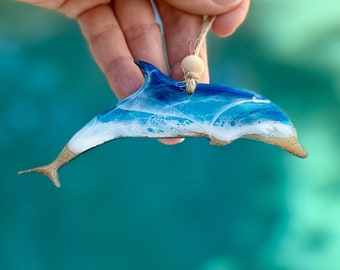 READY TO SHIP Dolphin Ocean Resin Ornament - Resin Wave Art  - Marine Life Tree Ornament - Dolphin gift - Coastal Christmas Tree Ornament