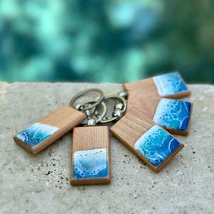 Ocean Resin Wave Wooden Keychain: Handmade Beach Keyring