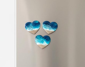 Resin Beach Heart Magnet Set: Coastal Ocean Wave Art, Wedding Favor
