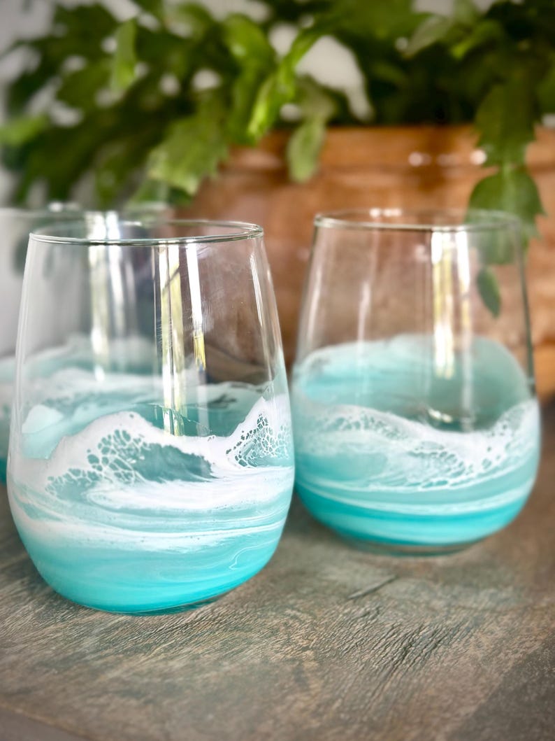 Teal Resin Wine Glass Ocean Wave Design - Coastal Beach Lover Gift for ...
