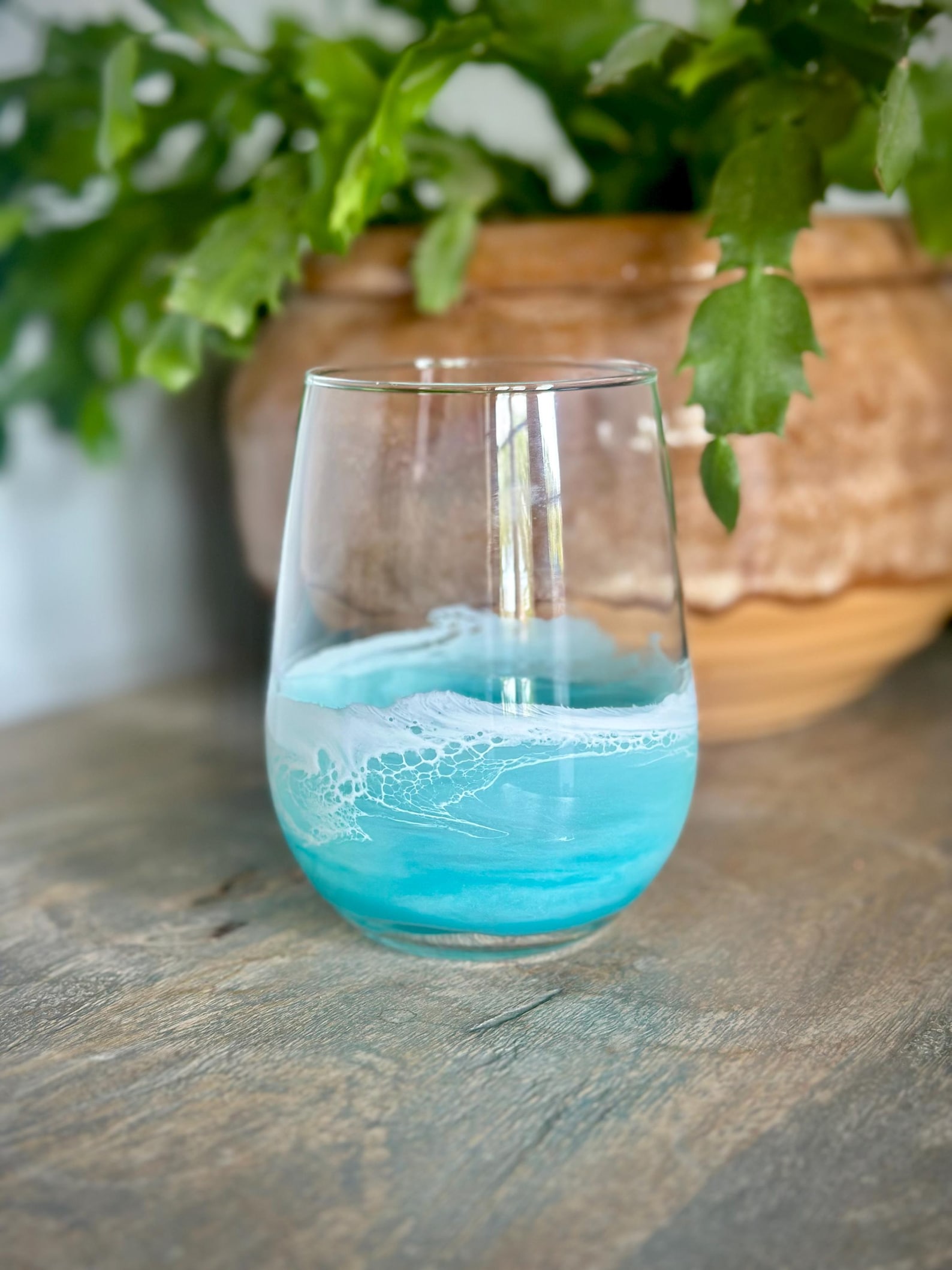 Teal Resin Wine Glass Ocean Wave Design - Coastal Beach Lover Gift for ...