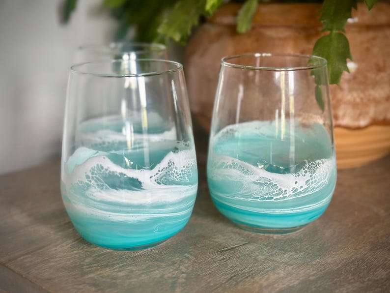 Teal Resin Wine Glass Ocean Wave Design - Coastal Beach Lover Gift for ...