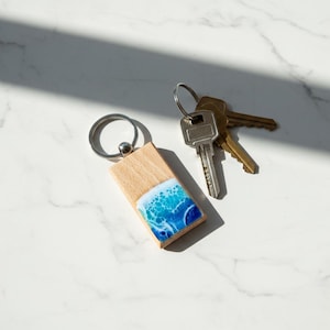 Ocean Resin Wave Wooden Keychain | Personalized Coastal Keyring Beach Gift