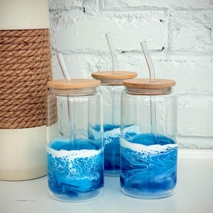 Resin Wave Glass Tumbler with lid and straw - Beach Glassware – Unique Ocean-Inspired Glassware - Outdoor Lover Gift - Mother&#39;s Day Gift