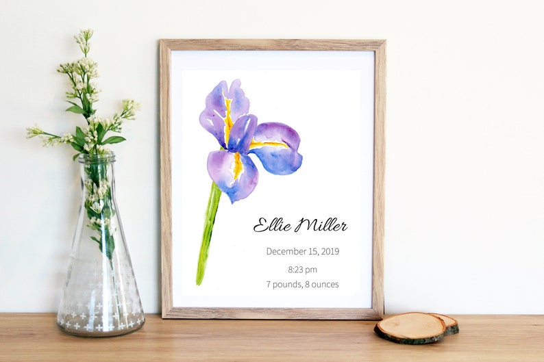 Nursery art and wall decor. Printable digital file personalized birth announcement with Iris flower