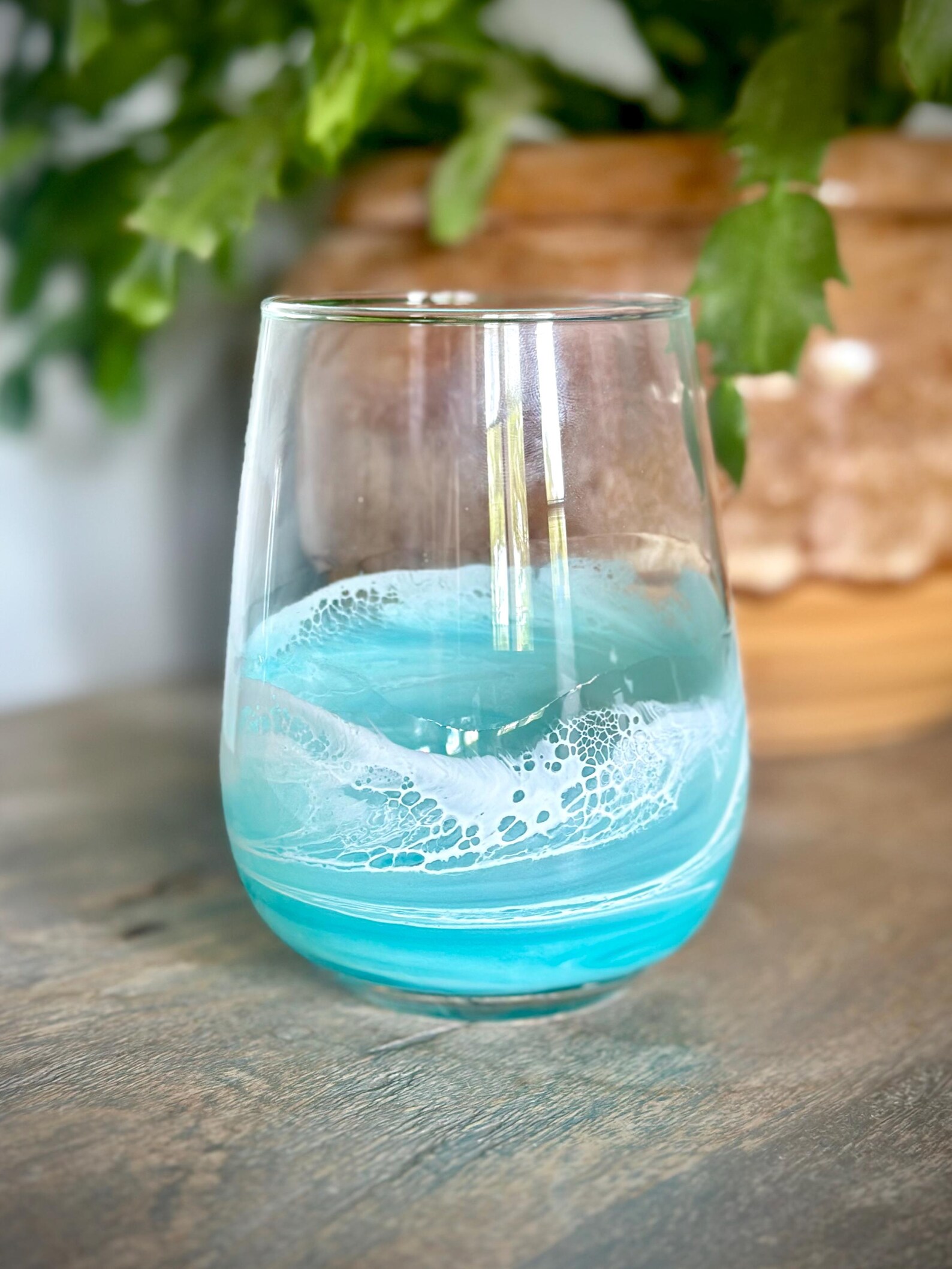 Teal Resin Wine Glass Ocean Wave Design - Coastal Beach Lover Gift for ...
