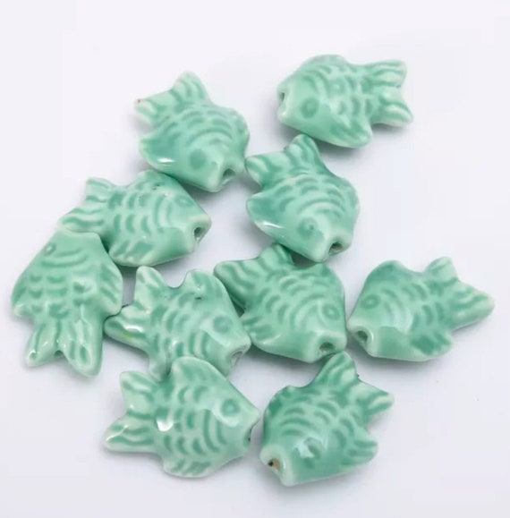 5 Teal Green Ceramic Fish Beads Cute Fishy Beads for Ocean Etsy