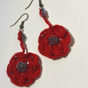 Red flower  crocheted beaded earrings