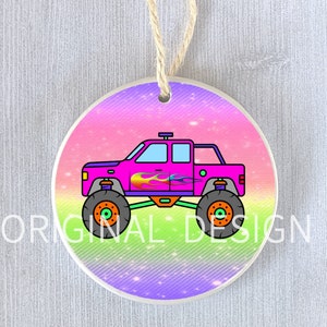 Rainbow Monster Truck Ornament Pink Girl Trucks Personalized Gift Holiday Birthday Christmas Hanukkah Tree Present Stocking Stuffer