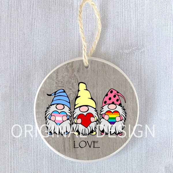 Funny Ornament Pride Three Gnomes Love Rainbow Heart Equality Gay Lesbian LGBTQ Trans Holiday Christmas Valentine's Day Gift Present