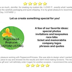 K&ouml;nnte beinhalten: Ein gr&uuml;ner Kreis mit einem gelben Schmetterling und dem Text "Peppercorn Princess CUSTOM LISTING". Der Text "Let us create something special for you!" befindet sich &uuml;ber dem Kreis. Unter dem Kreis wird der Text "A few of our favorite ideas: special photos invitations and keepsakes race bibs ticket and memorabilia company logos phrases and quotes" angezeigt.