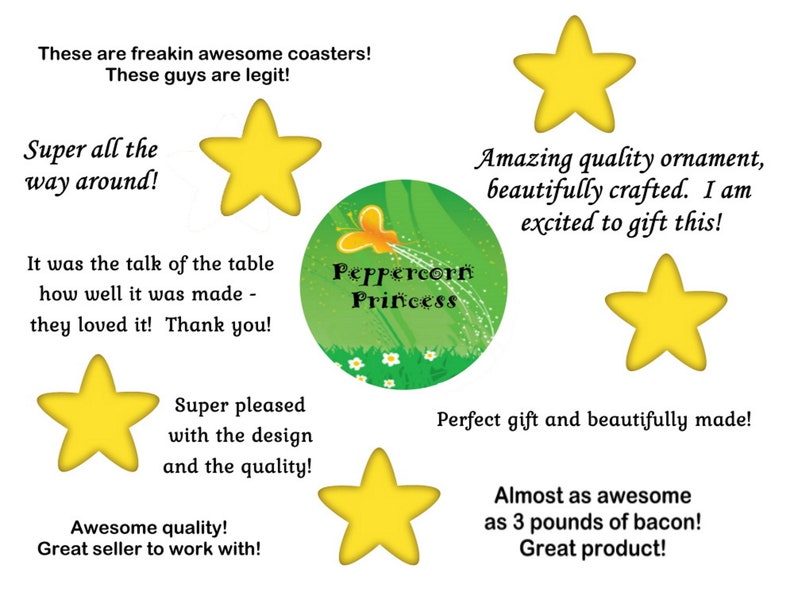 Op de afbeelding: Vijf gele stervormige beoordelingen met positieve recensies over een handgemaakte onderzetter met een groene vlinder en de tekst "Peppercorn Princess".