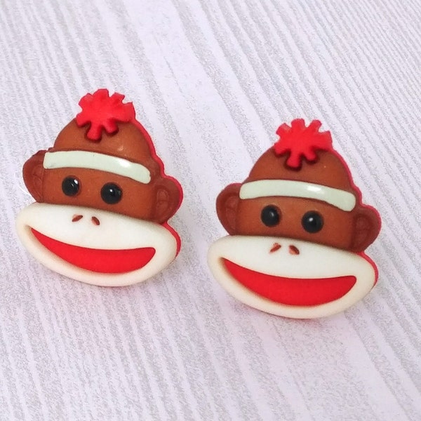 Sock Monkey Earrings Brown Monkeys Earring Clip-On Clip On Gift Girl Friend Party Birthday Swap Exchange Holiday Christmas Hanukkah Present