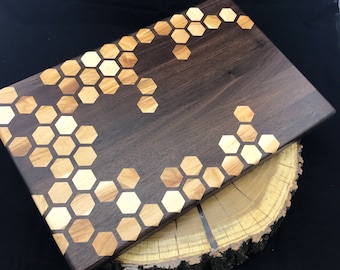 Large Honeycomb inlay Cutting board- Walnut & Maple Pattern #2