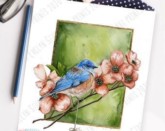 Blue as a Bluebird-Hand Embellished 8”x10” Print “Key to Happiness” Series