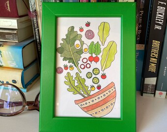 Tiny Framed Fresh Salad Illustration, hand-drawn original, not a print, with green frame