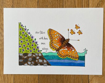 original pen-and-ink "she flies with her own wings" hand-drawn illustration