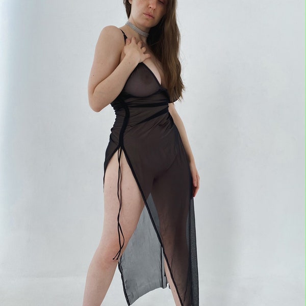 Robe longue transparente, Robe en filet, Robe transparente, Robe en filet transparent Lingerie, Robe transparente en filet noir, Robe transparente, Robe en filet noire