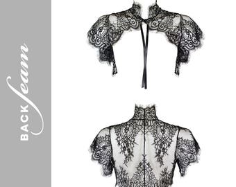 Black lace bolero jacket by Backseam, Lace bolero, Lace clothes, Lace shrug, Black lace cover up, Women's Black short sleeved bolero