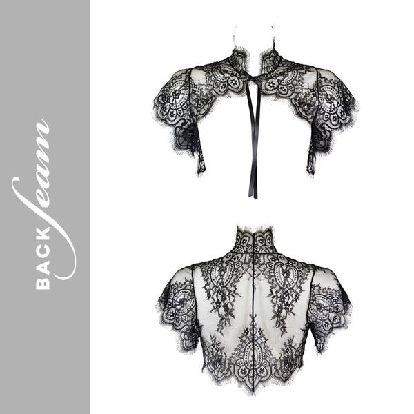 Black lace bolero jacket by Backseam, Lace bolero, Lace clothes, Lace shrug, Black lace cover up, Women's Black short sleeved bolero