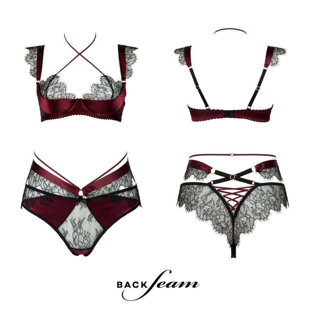 Marsala Lingerie Set — a Satin Bra and Panties with Delicate Lace