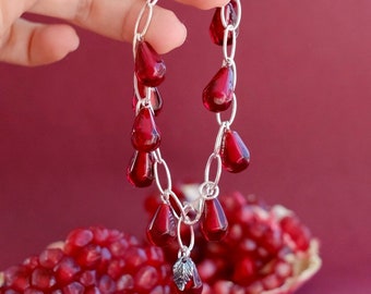 Lampwork glass sterling silver pomegranate bracelet; murano glass berry bracelet