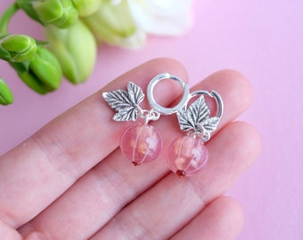 Pink currant lampwork glass earrings; murano glass berry jewellery