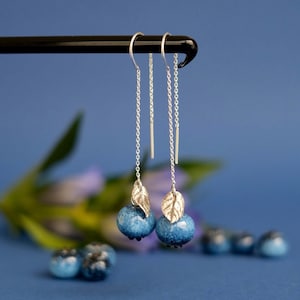 Long chain lampwork glass blueberry earrings