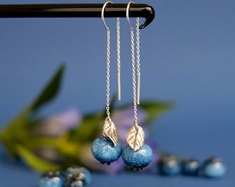 Long chain lampwork glass blueberry earrings