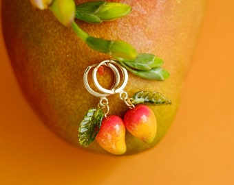 Mango lampwork glass earrings *gold-plated hoops*; murano glass fruit jewellery