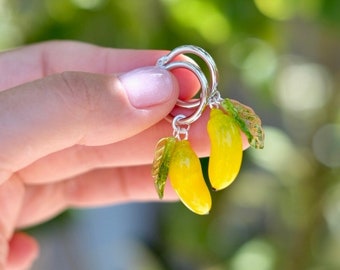 Banana murano glass hoop earrings; lampwork glass earrings