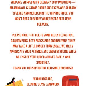 May include: An image with text that reads: "DEAR U.S. CUSTOMERS...WE WANT TO LET YOU KNOW...SHIPPED WITH DELIVERY DUTY PAID..." Also includes a cartoon of a person with a large yellow envelope and a red mailbox with the word "MAIL".