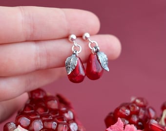 Lampwork glass pomegranate seed sterling silver stud earrings; murano glass jewelry