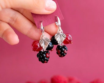 Blackberry and currant lampwork glass earrings; murano glass berry jewelry