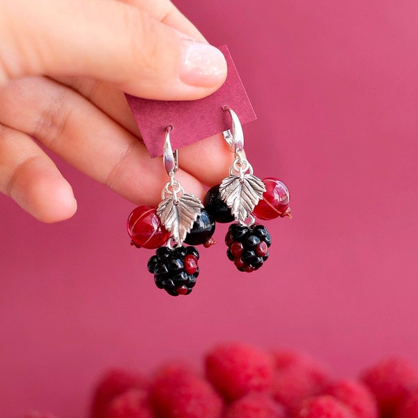 Blackberry and currant lampwork glass earrings; murano glass berry jewelry