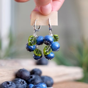 Lampwork blueberry glass earrings; murano glass berry jewellery