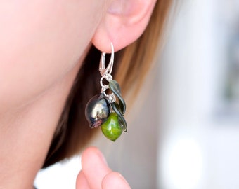 Lampwork glass olive sterling silver earrings; green and black olives