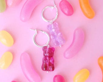 Gummy bears glass *WHITE SILVER* hoop earrings; murano glass lampwork candy earrings