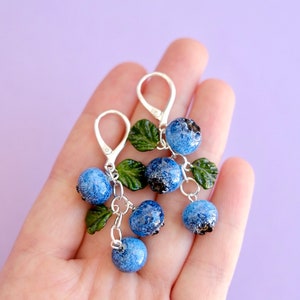 Lampwork blueberry glass earrings; murano glass berry jewellery