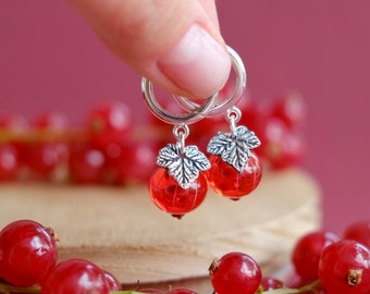 Red currant lampwork glass hoop earrings; murano glass berry jewellery